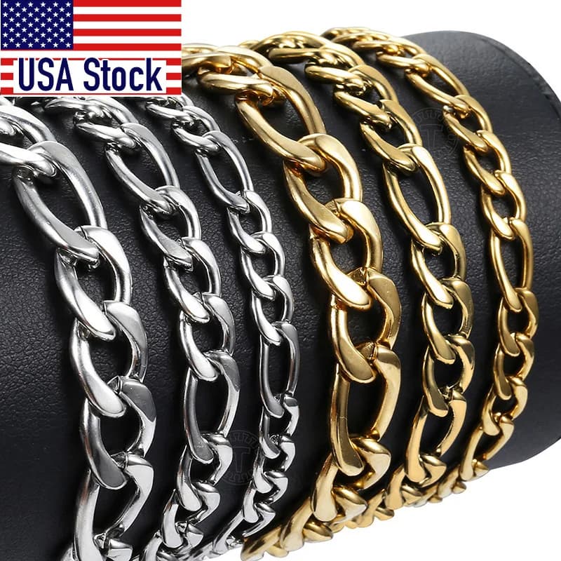 Mens Bracelets 5/7/9mm Figaro Link Chain Simple Stainless Steel Gold Color Silver Color Bracelets for Men Women 8-9inch KBM171