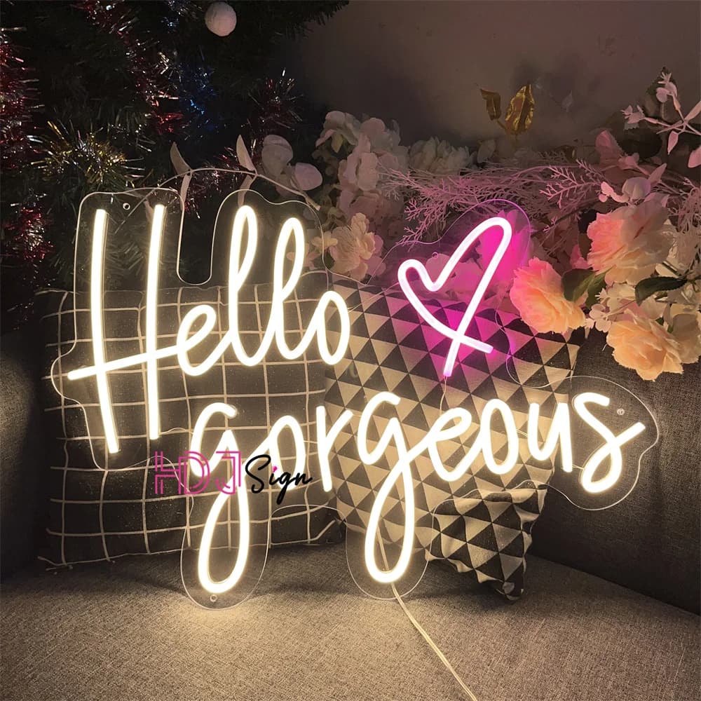 60cm Neon Sign Lights Hello Gorgeous Neon LED Sign Girl Room Decor BedroomWedding Decor Wall Hanging Decor For Salon Party Bar