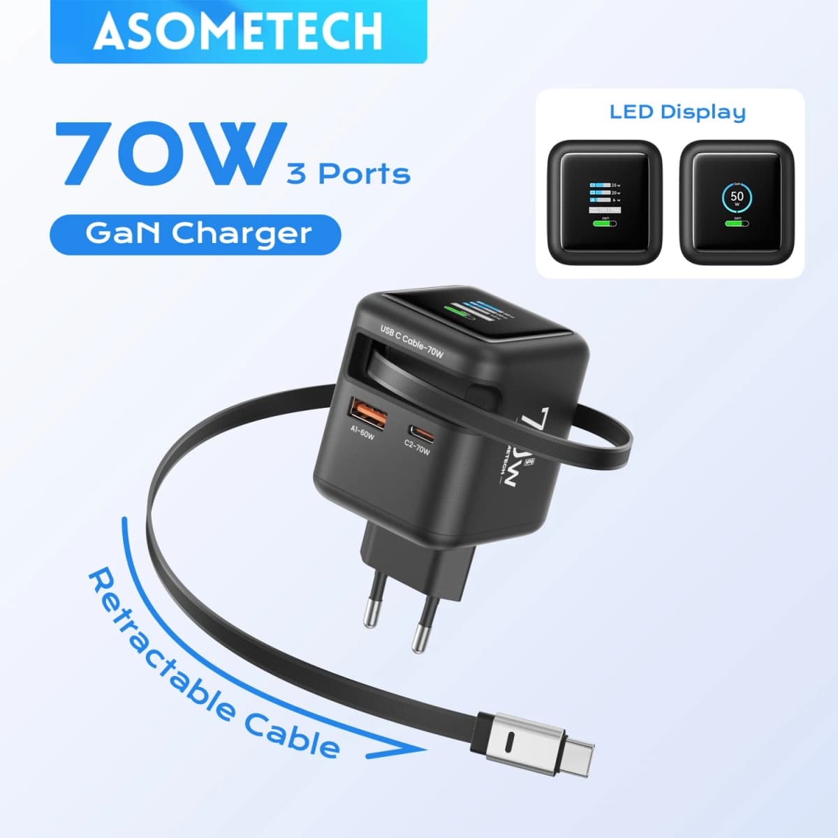 3 IN 1 GaN Charger with Retractable Cable 70W PD3.0 QC4.0 PPS 2 Type-C Travel Fast Charger for IPhone 17 16 Pro Macbook Laptop