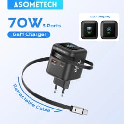 3 IN 1 GaN Charger with Retractable Cable 70W PD3.0 QC4.0 PPS 2 Type-C Travel Fast Charger for IPhone 17 16 Pro Macbook Laptop