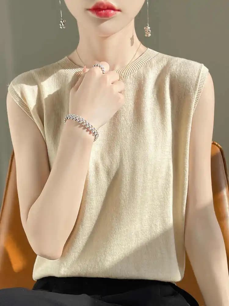 2026 Spring Summer Solid Color Versatile Tees Cashmere White Sleeveless Round Neck T-Shirt Core Spun Yarn Women's Top