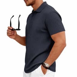 Men's knitted textured simple short-sleeve polo shirt, casual golf business top, suitable for summer daily wear