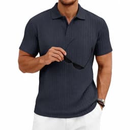 Men's knitted textured simple short-sleeve polo shirt, casual golf business top, suitable for summer daily wear