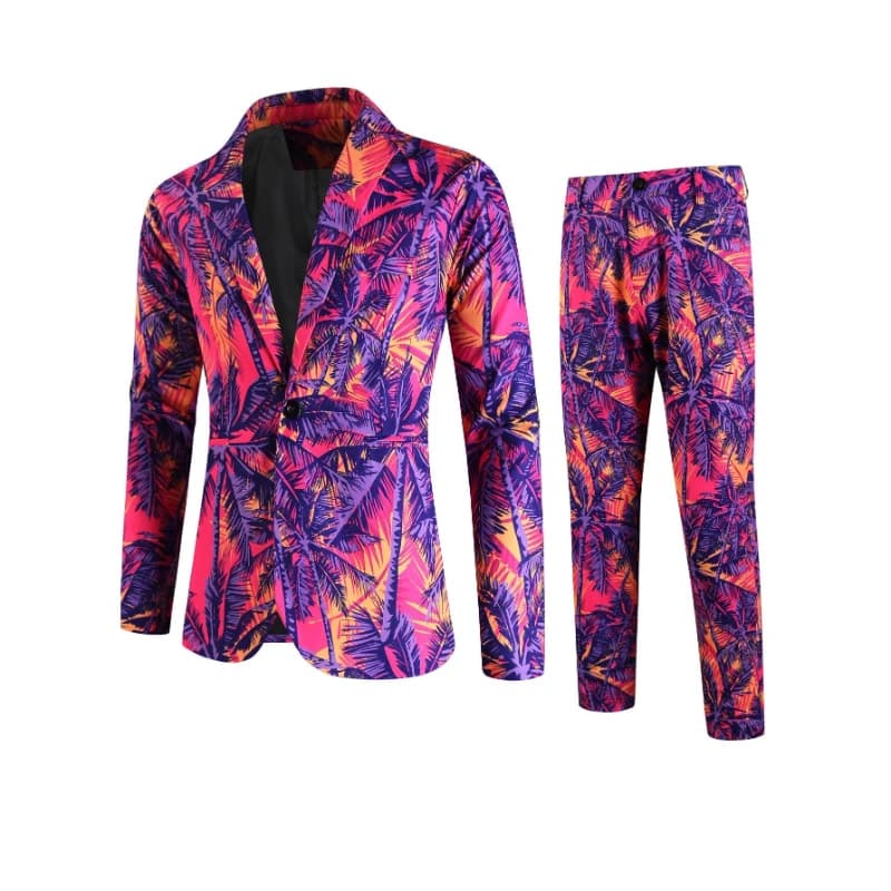 Vibrant Pink Purple Yellow Palm Tree Print Men's Suit 2 Piece Slim Fit Blazer Pants for Beach Wedding