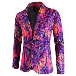 Vibrant Pink Purple Yellow Palm Tree Print Men's Suit 2 Piece Slim Fit Blazer Pants for Beach Wedding