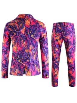 Vibrant Pink Purple Yellow Palm Tree Print Men's Suit 2 Piece Slim Fit Blazer Pants for Beach Wedding