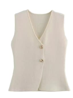 2026 Spring Summer Gold Button Decor Tank Tops Women's Fashion V-Neck Sleeveless Vests Casual All-Match Plain Knit Camis