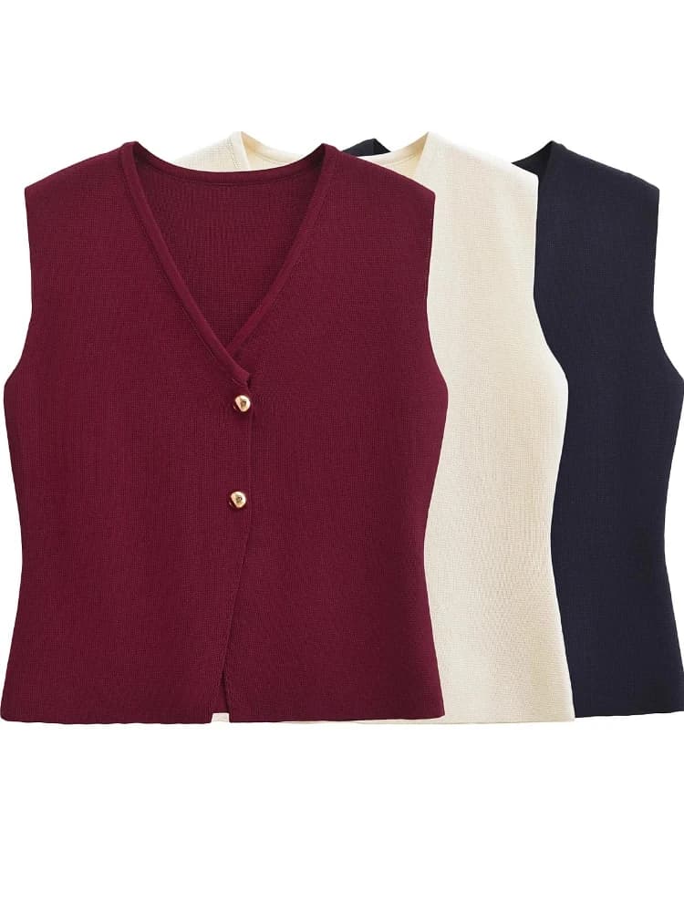 2026 Spring Summer Gold Button Decor Tank Tops Women's Fashion V-Neck Sleeveless Vests Casual All-Match Plain Knit Camis