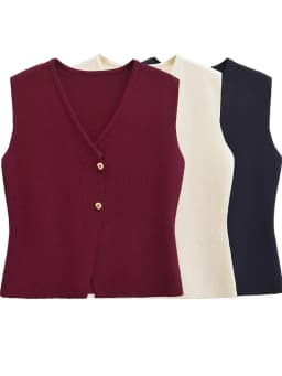 2026 Spring Summer Gold Button Decor Tank Tops Women's Fashion V-Neck Sleeveless Vests Casual All-Match Plain Knit Camis