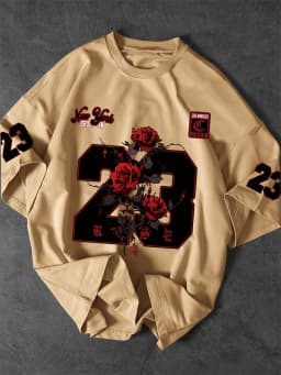 New York 23 Rose Graphic T-Shirt Men Gothic Streetwear Crew Neck Short Sleeve Polyester Tops with Brooklyn & LA Print S-XXL