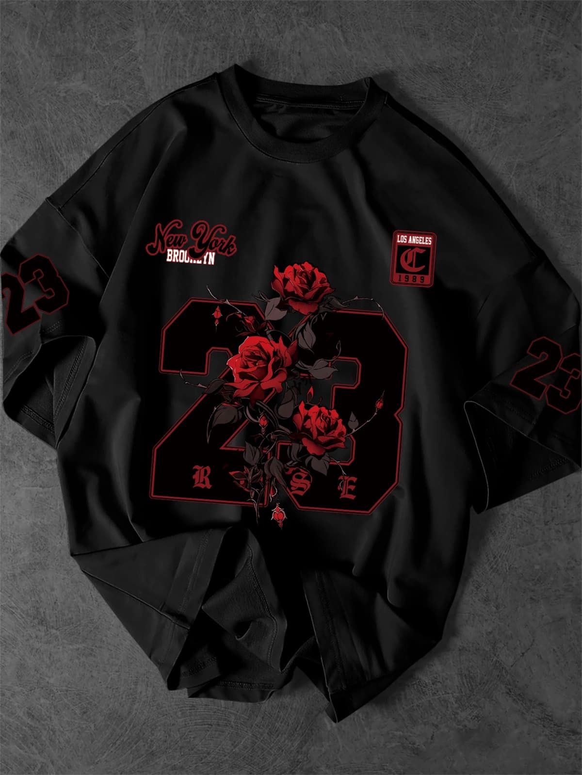 New York 23 Rose Graphic T-Shirt Men Gothic Streetwear Crew Neck Short Sleeve Polyester Tops with Brooklyn & LA Print S-XXL
