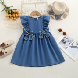 Girls Sweet Dresses Summer  Thin Denim Bow Decoration Flying Sleeve Dress Cute Kids Clothes