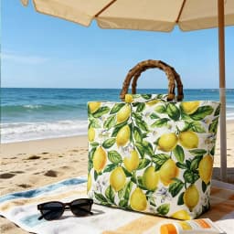 Ethnic Style Women's Large-Capacity Tote Bag, Fresh Lemon Floral Blue Pattern Handbag, High-Quality Imitation Bamboo Handle