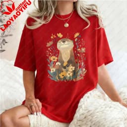 Otter-Floral-Design-Unisex-Cotton-T-Shirt-Nature-Animal-Print-Casual-Loose-Fit-Summer-Fashion-Trendy-Top