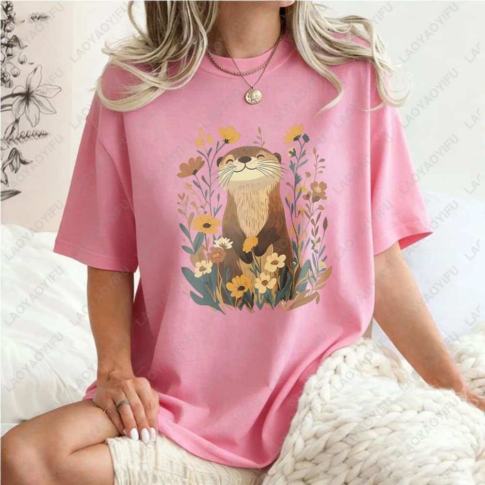 Otter-Floral-Design-Unisex-Cotton-T-Shirt-Nature-Animal-Print-Casual-Loose-Fit-Summer-Fashion-Trendy-Top