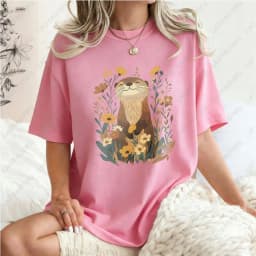 Otter-Floral-Design-Unisex-Cotton-T-Shirt-Nature-Animal-Print-Casual-Loose-Fit-Summer-Fashion-Trendy-Top
