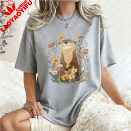 Otter-Floral-Design-Unisex-Cotton-T-Shirt-Nature-Animal-Print-Casual-Loose-Fit-Summer-Fashion-Trendy-Top