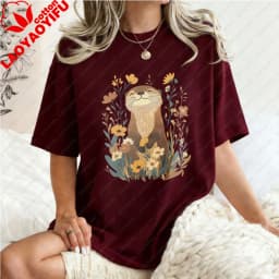 Otter-Floral-Design-Unisex-Cotton-T-Shirt-Nature-Animal-Print-Casual-Loose-Fit-Summer-Fashion-Trendy-Top