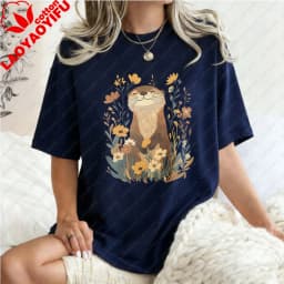 Otter-Floral-Design-Unisex-Cotton-T-Shirt-Nature-Animal-Print-Casual-Loose-Fit-Summer-Fashion-Trendy-Top