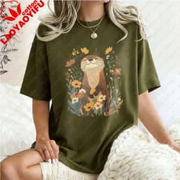 Otter-Floral-Design-Unisex-Cotton-T-Shirt-Nature-Animal-Print-Casual-Loose-Fit-Summer-Fashion-Trendy-Top