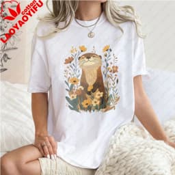 Otter-Floral-Design-Unisex-Cotton-T-Shirt-Nature-Animal-Print-Casual-Loose-Fit-Summer-Fashion-Trendy-Top