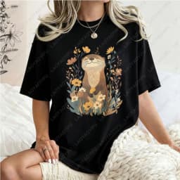 Otter-Floral-Design-Unisex-Cotton-T-Shirt-Nature-Animal-Print-Casual-Loose-Fit-Summer-Fashion-Trendy-Top