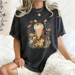 Otter-Floral-Design-Unisex-Cotton-T-Shirt-Nature-Animal-Print-Casual-Loose-Fit-Summer-Fashion-Trendy-Top