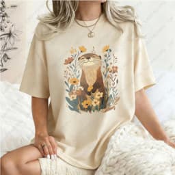 Otter-Floral-Design-Unisex-Cotton-T-Shirt-Nature-Animal-Print-Casual-Loose-Fit-Summer-Fashion-Trendy-Top