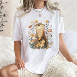 Otter-Floral-Design-Unisex-Cotton-T-Shirt-Nature-Animal-Print-Casual-Loose-Fit-Summer-Fashion-Trendy-Top