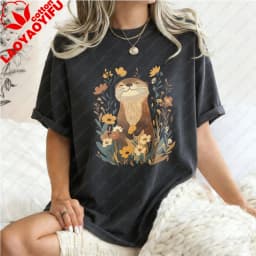 Otter-Floral-Design-Unisex-Cotton-T-Shirt-Nature-Animal-Print-Casual-Loose-Fit-Summer-Fashion-Trendy-Top