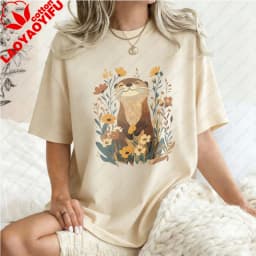 Otter-Floral-Design-Unisex-Cotton-T-Shirt-Nature-Animal-Print-Casual-Loose-Fit-Summer-Fashion-Trendy-Top