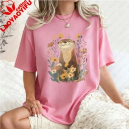 Otter-Floral-Design-Unisex-Cotton-T-Shirt-Nature-Animal-Print-Casual-Loose-Fit-Summer-Fashion-Trendy-Top