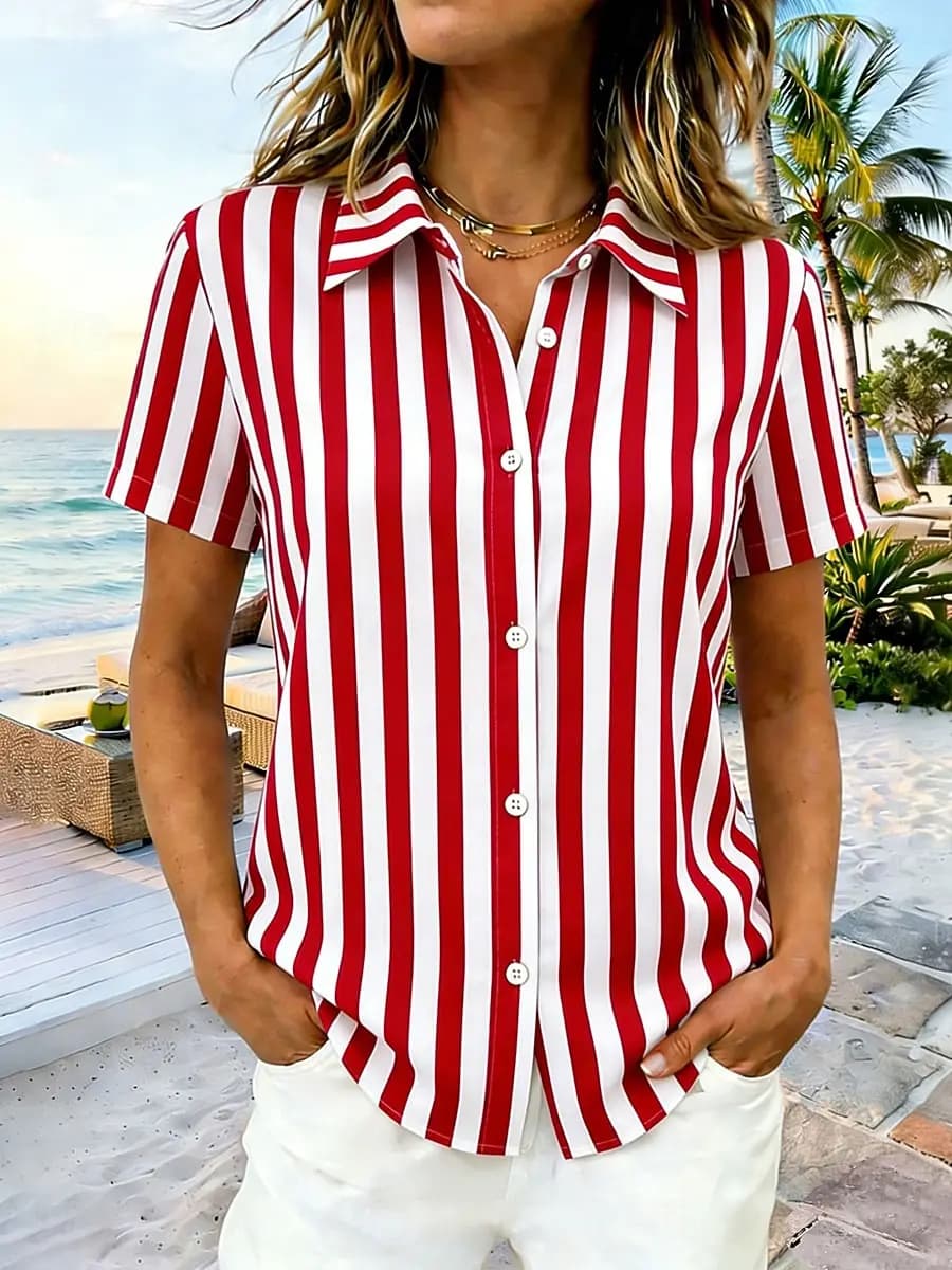 Women's multicolored stripes 3D Print Lapel Shirt Short Sleeve Button Down Casual Tops Summer Beach Hawaiian Wear Lightweight