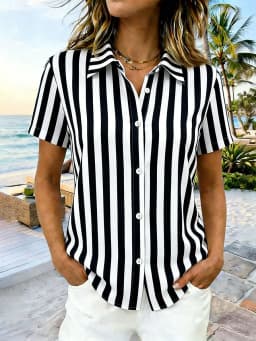 Women's multicolored stripes 3D Print Lapel Shirt Short Sleeve Button Down Casual Tops Summer Beach Hawaiian Wear Lightweight