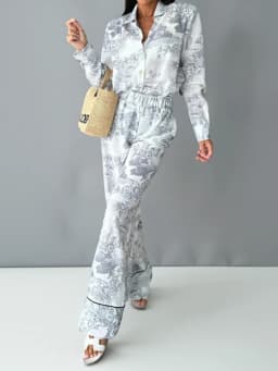 Fashion Vintage Pattern Printed Outfits Lapel Collar Shirt Long Pant Suit Spring Summer Causal Long Sleeve Loose Pant Sets