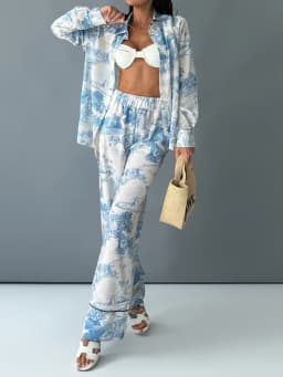Fashion Vintage Pattern Printed Outfits Lapel Collar Shirt Long Pant Suit Spring Summer Causal Long Sleeve Loose Pant Sets