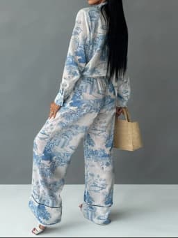 Fashion Vintage Pattern Printed Outfits Lapel Collar Shirt Long Pant Suit Spring Summer Causal Long Sleeve Loose Pant Sets