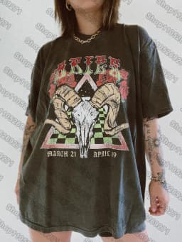 12 Zodiac Signs Dark Gray Printed T-Shirt — Libra, Leo, Aries, Sagittarius, Gemini Short-sleeved Retro Street Y2K Fashion Tops