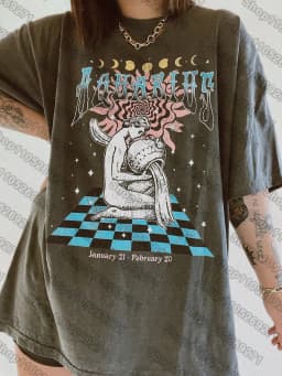 12 Zodiac Signs Dark Gray Printed T-Shirt — Libra, Leo, Aries, Sagittarius, Gemini Short-sleeved Retro Street Y2K Fashion Tops