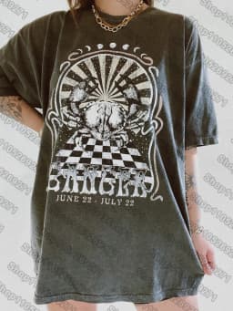 12 Zodiac Signs Dark Gray Printed T-Shirt — Libra, Leo, Aries, Sagittarius, Gemini Short-sleeved Retro Street Y2K Fashion Tops