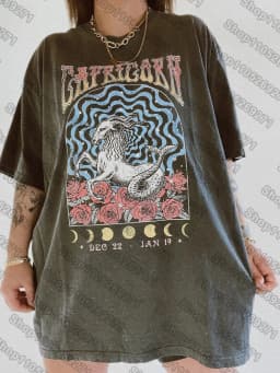 12 Zodiac Signs Dark Gray Printed T-Shirt — Libra, Leo, Aries, Sagittarius, Gemini Short-sleeved Retro Street Y2K Fashion Tops