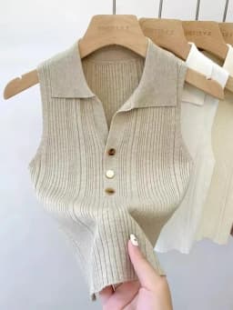 2026 Spring Summer Ice Silk Knit Sleeveless Tops Women's Polo Lapel Tank Tops Slim Versatile Camisole Vest