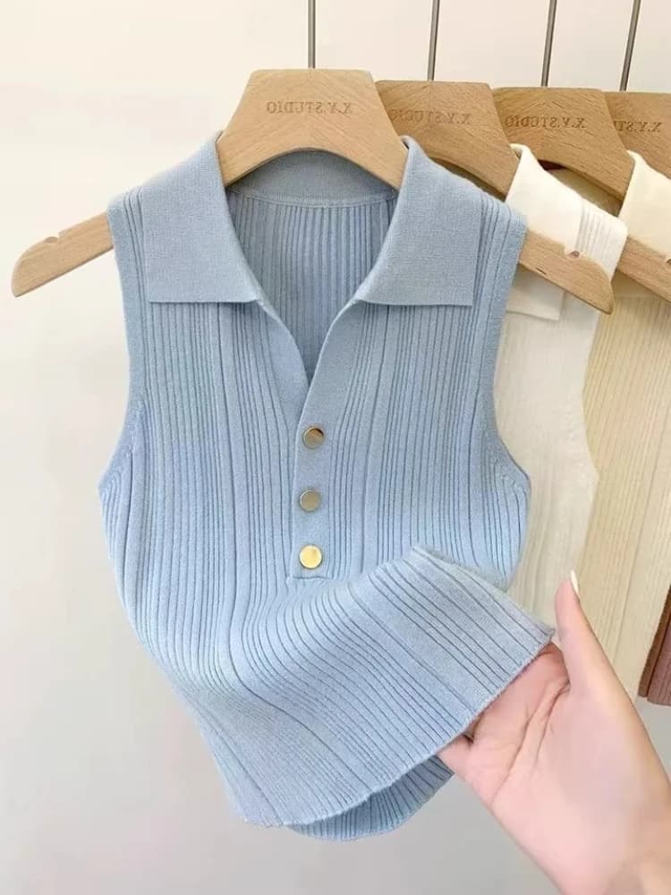 2026 Spring Summer Ice Silk Knit Sleeveless Tops Women's Polo Lapel Tank Tops Slim Versatile Camisole Vest