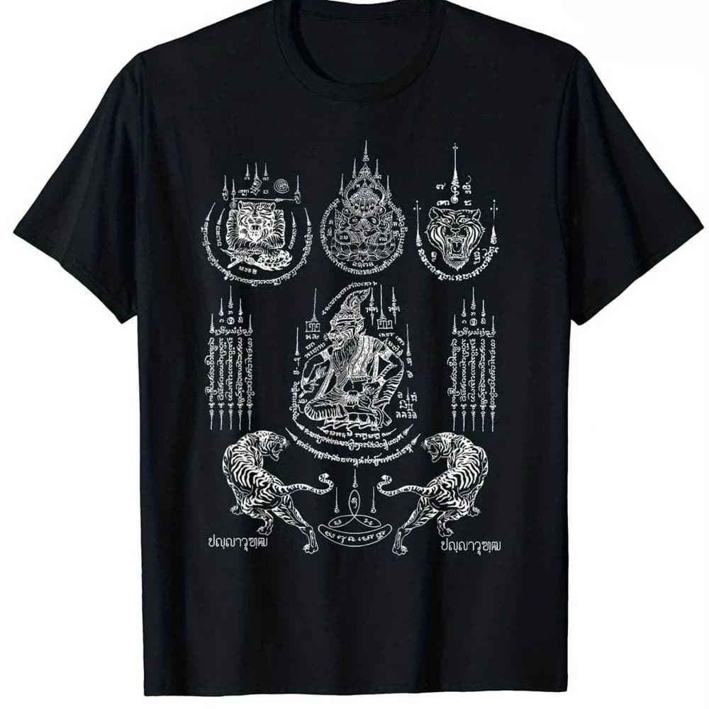 Sawaee Men'S Traditional Thai Tattoo Double Tiger Muay Thai T-Shirt Breathable Black Tee Featuring Exquisite Prints of Tiger