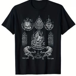 Sawaee Men'S Traditional Thai Tattoo Double Tiger Muay Thai T-Shirt Breathable Black Tee Featuring Exquisite Prints of Tiger