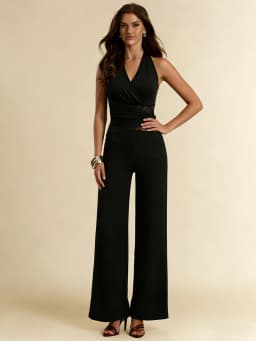 Sexy Style Crisscross Halter Jumpsuit, Backless Wide Leg Romper for Party & Club