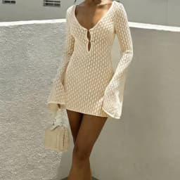 Holiday Style Long Sleeve Knitted Bikini Cover-Up Dress, Sexy Fashion Slim-Fitting Hollow Out Texture Short Dress, Plain Pattern