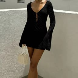 Holiday Style Long Sleeve Knitted Bikini Cover-Up Dress, Sexy Fashion Slim-Fitting Hollow Out Texture Short Dress, Plain Pattern