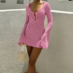 Holiday Style Long Sleeve Knitted Bikini Cover-Up Dress, Sexy Fashion Slim-Fitting Hollow Out Texture Short Dress, Plain Pattern