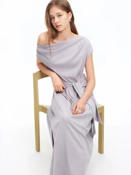 DUSHU 2026 Summer Women's Cowl Neck Maxi Dress Acetate Linen Cotton Blend Short Sleeve Long Dress for Soft Elegant Resort Style
